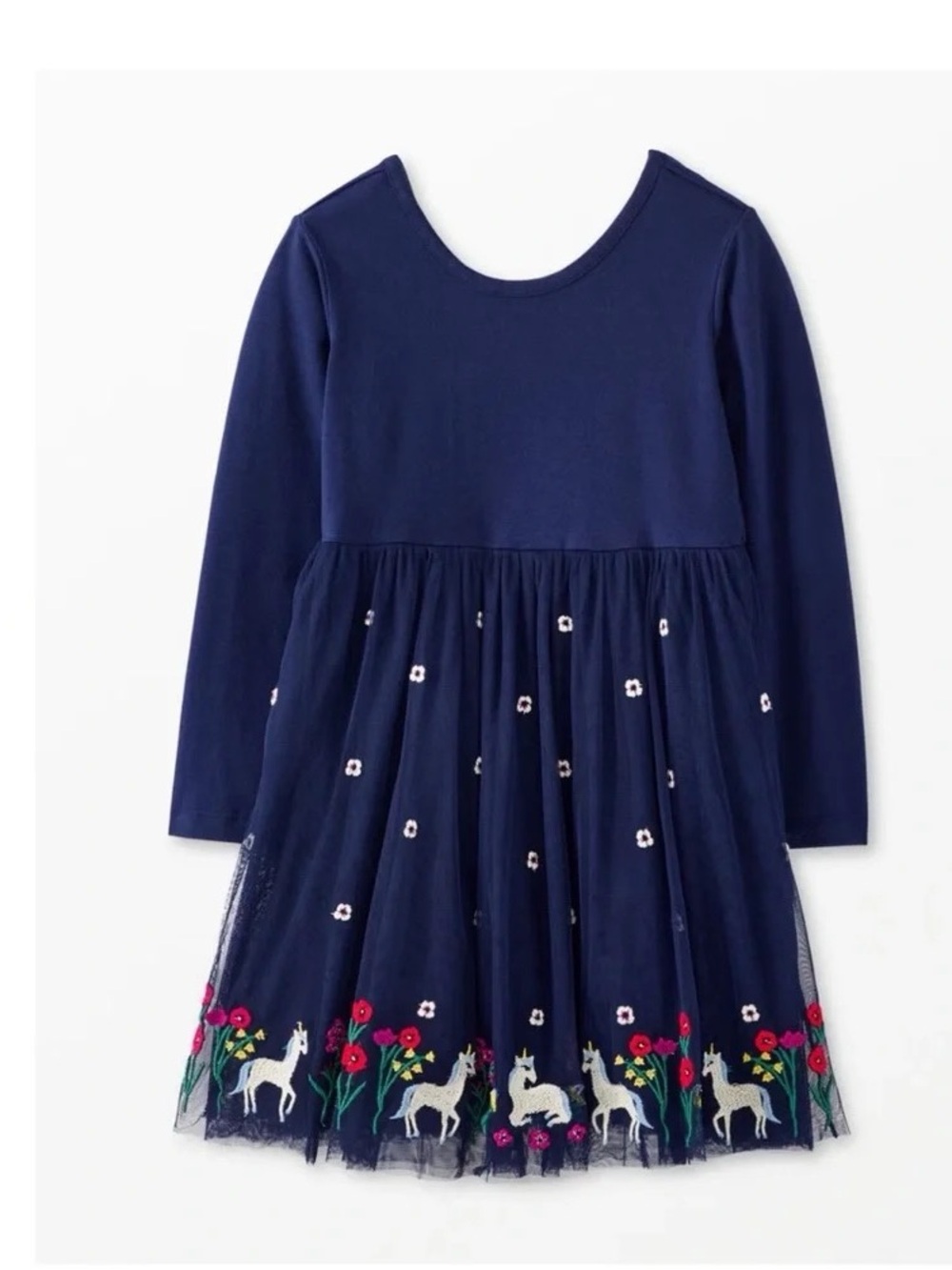 Hanna Andersson Embroidered Navy Unicorn Long Sleeve Mesh Skater Dress for Girls